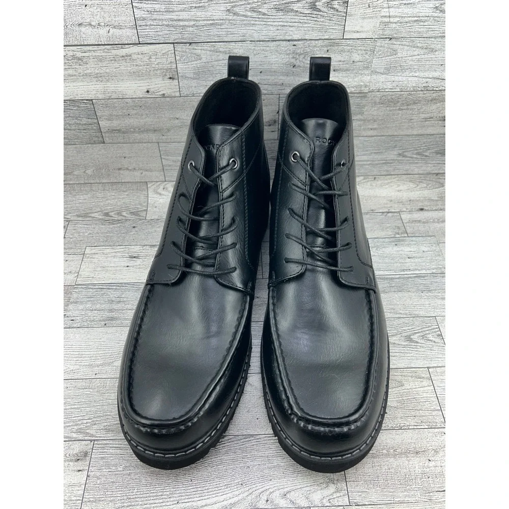 Rockport CJ1573 Men Black Moc Toe Chukka Boots Lace Up Size 14M Lug Sole